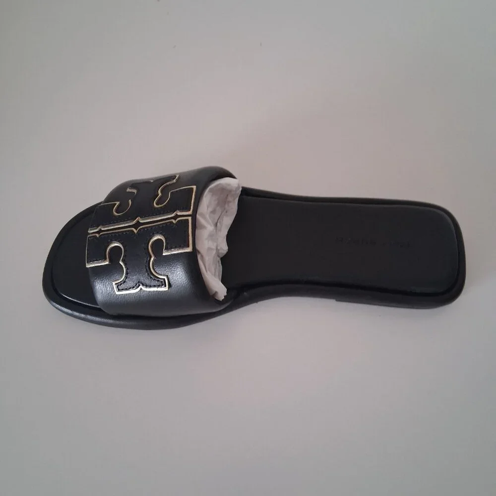 Tory Burch Double T Sport Slide Sandals Perfect Black/Gold Size 5.5